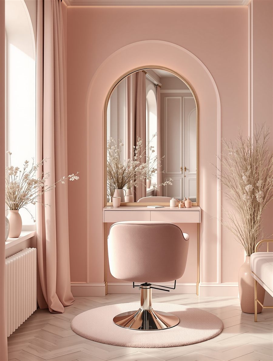 Interior de la estética en tonos rosa y crema