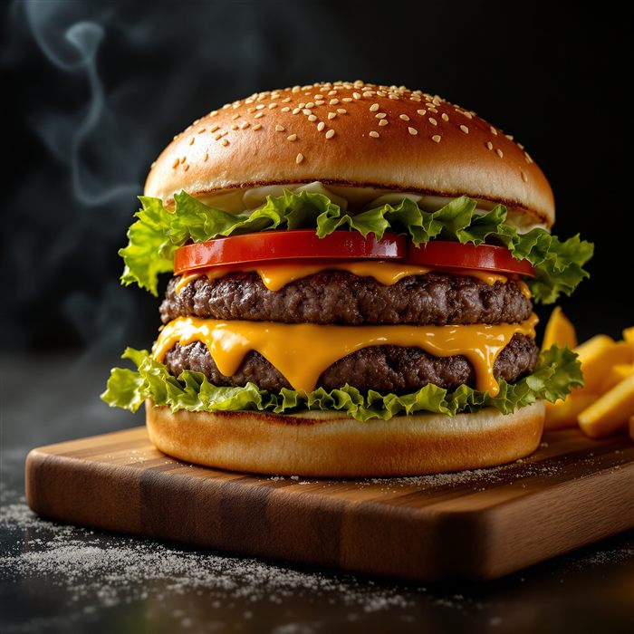 Hamburguesa doble con dos carnes, queso cheddar, lechuga y tomate