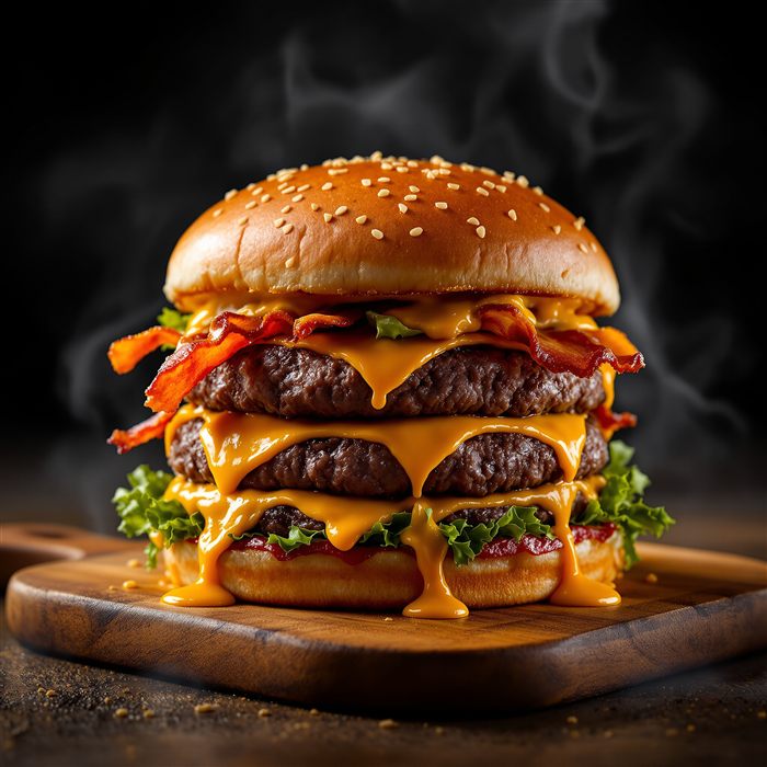 Hamburguesa triple con tres carnes, queso derretido y tocino