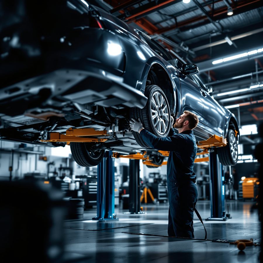 Mecánico trabajando bajo un auto en el taller