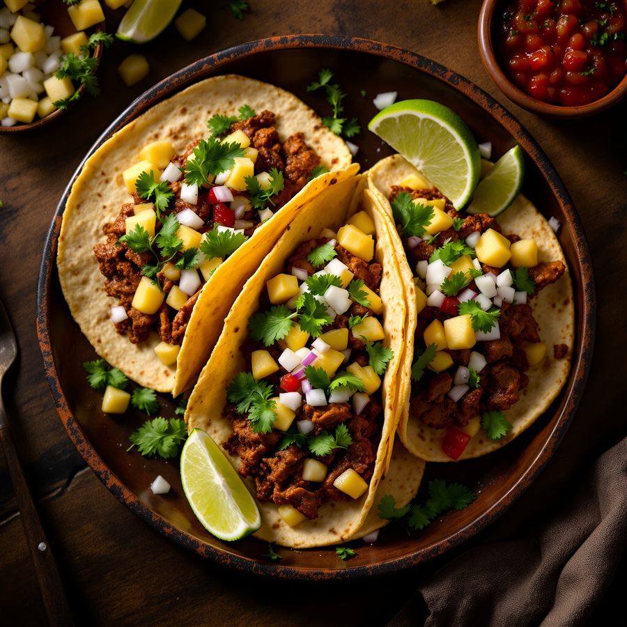 Tacos al pastor con piña, cilantro y cebolla